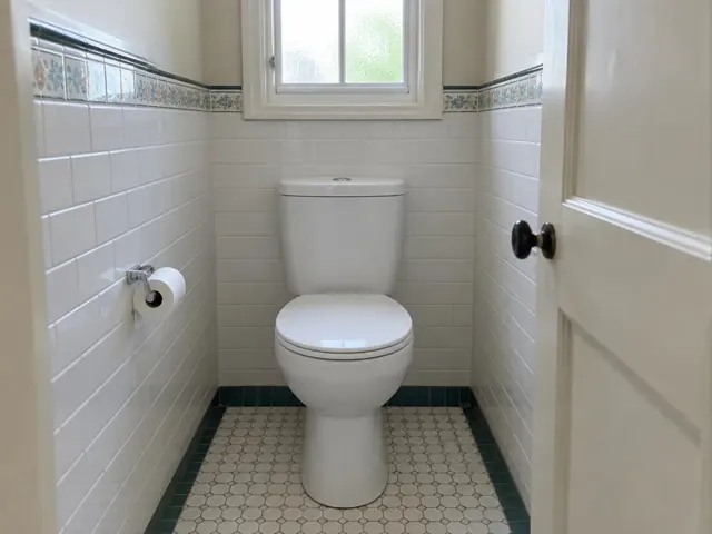 Clean white toilet in a small tiled bathroom with window and open door in Westmead
